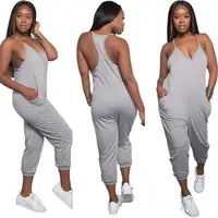 

2019 latest Style Summer Solid Colour strap jumpsuit pockets Women's fashion Casual playsuit With pockets
