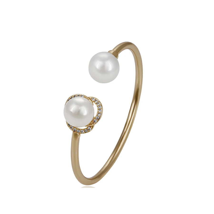 

51757 Xuping simple gold bangle designs, fashionable two pearl adjustable palm cuff bangle, White