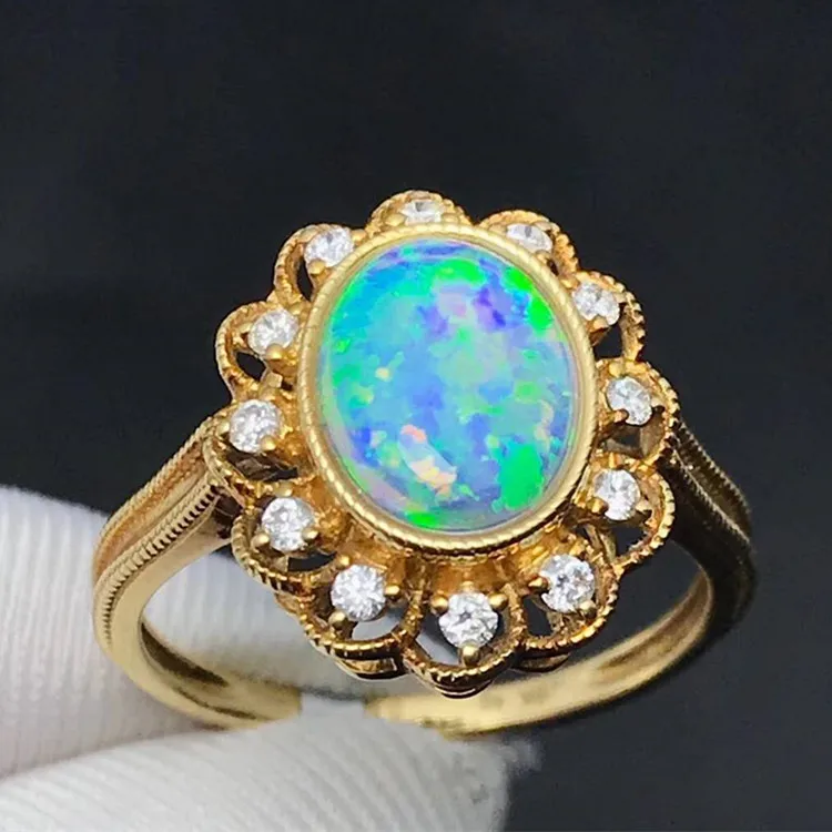 

Women Fashion jewelry design 18k gold South Africa real diamond natural opal Large Gemstone flower shape Ring