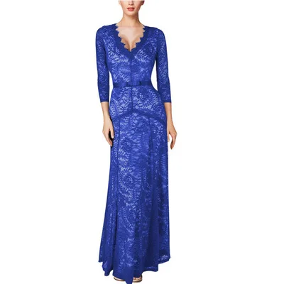 

Wholesale high quality new elegant gown party wear designer patterns of long sleeve blue long lace evening dress, Blue lace prom dress long