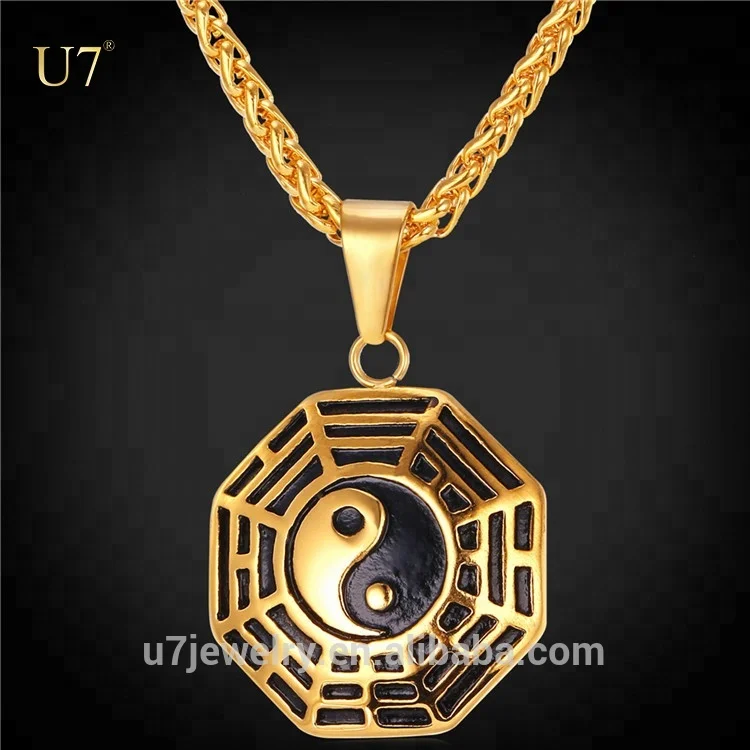 

U7 Lucky Jewelry Chinese Amulet Necklace Stainless Steel Tai Chi Black White Eight Diagrams Yin Yang Necklace