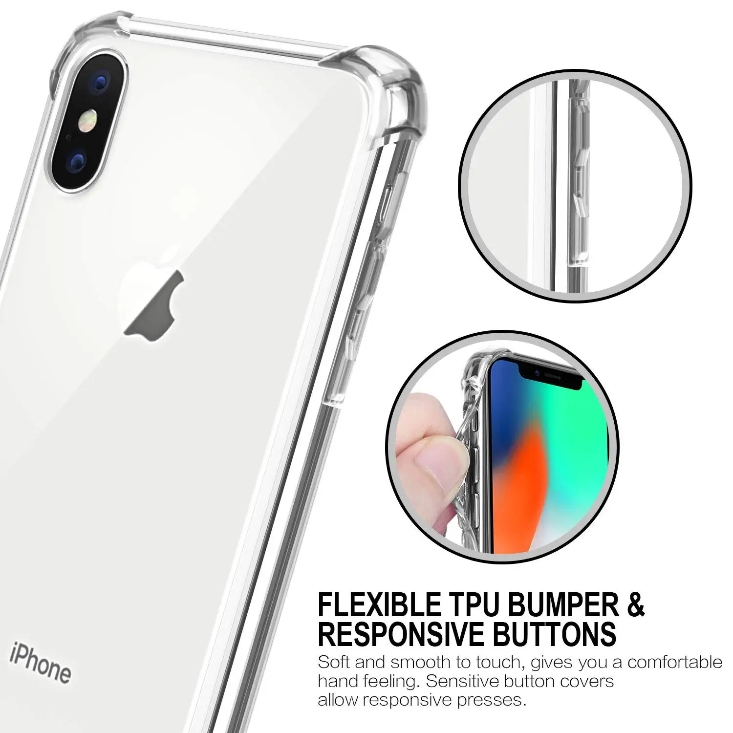 Crystal Clear Reinforced Corners TPU Bumper and Transparent Hybrid Rugged Anti-Scratch Hard Panel Cover Case for iPhone Xs Max
