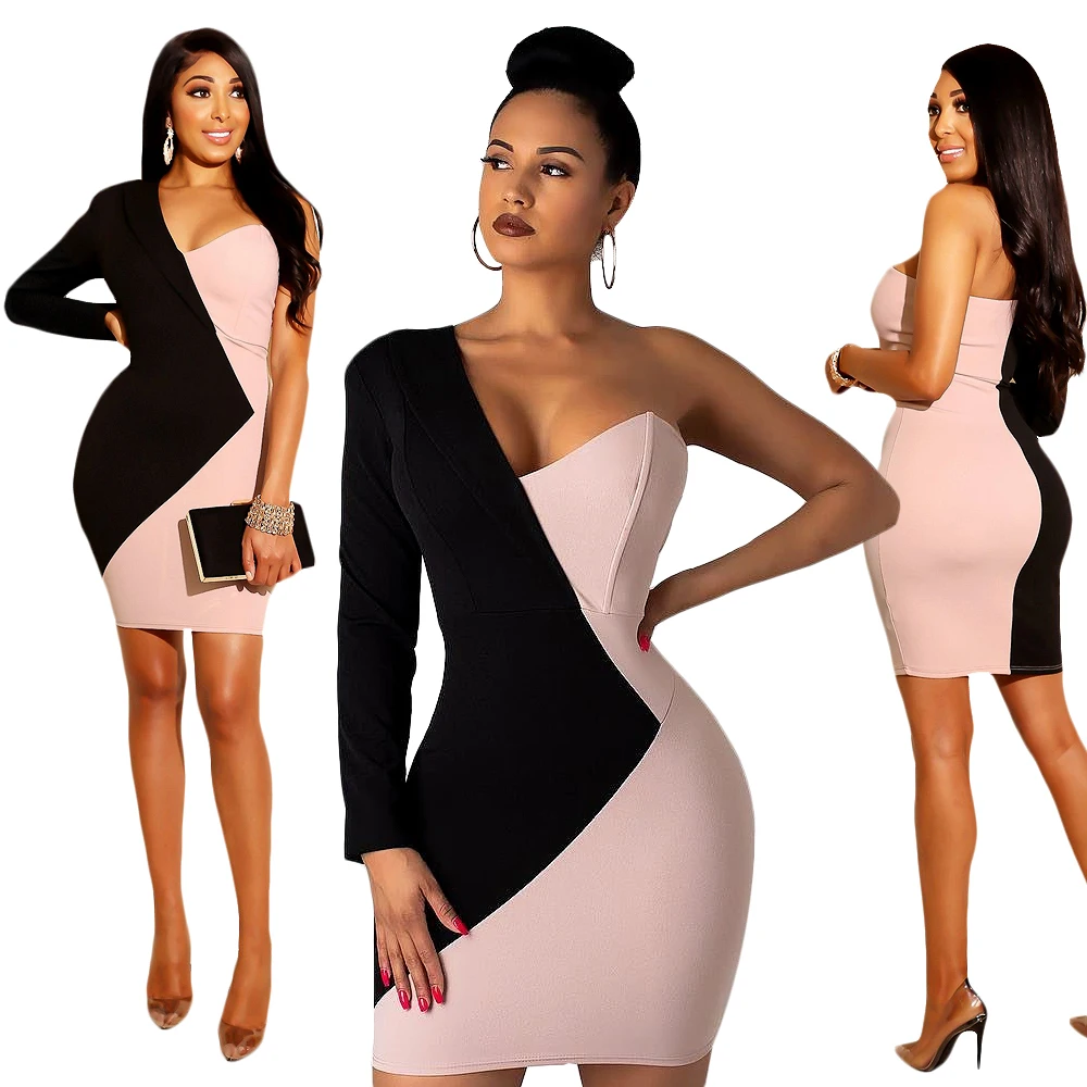 

FM-S3512 2019 new arrivals contrast color asymmetrical long sleeve slim sexy wrap buttock dress for professional women, As pic