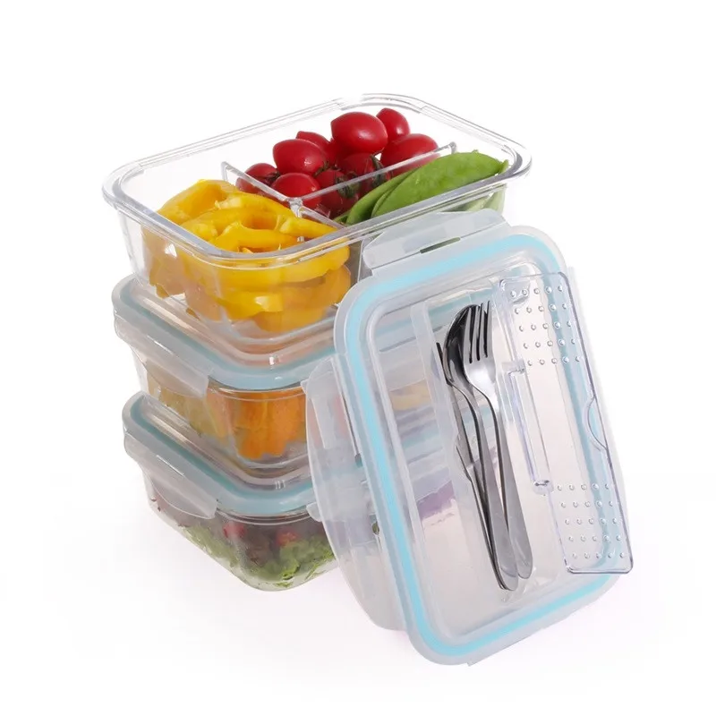 3 Compartments Rectangle Glass Lunch Box With Cutlery For Picnic Use