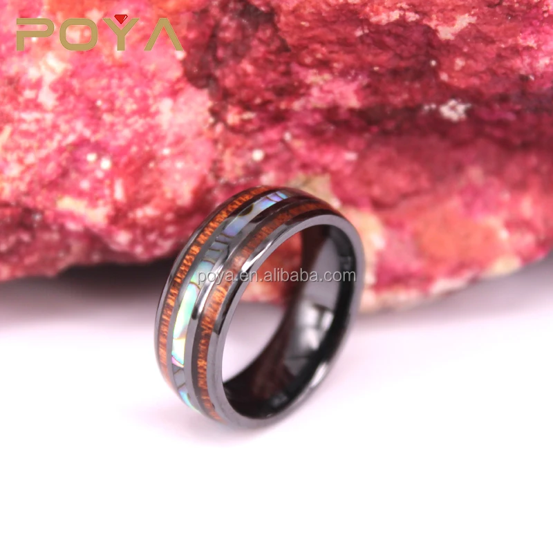 

POYA Jewelry 8mm Black Ceramic Ring Wood and Abalone Shell Inlay Tungsten Wedding Engagement Band for Men Women