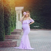 

Women's Off Shoulder Long Sleeve Maternity Dress for Photography Chiffon Maternity Gown for Photoshoot