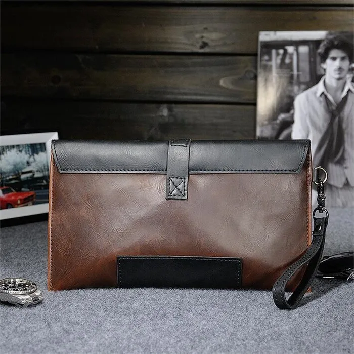 Wholesale  personality design vintage crazy horse leather wristlet handbag men's clutch bag