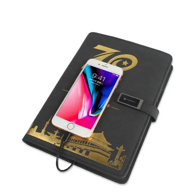 premium company gift inductive lighting logo  leather notebook wholesale custom portable powerbank