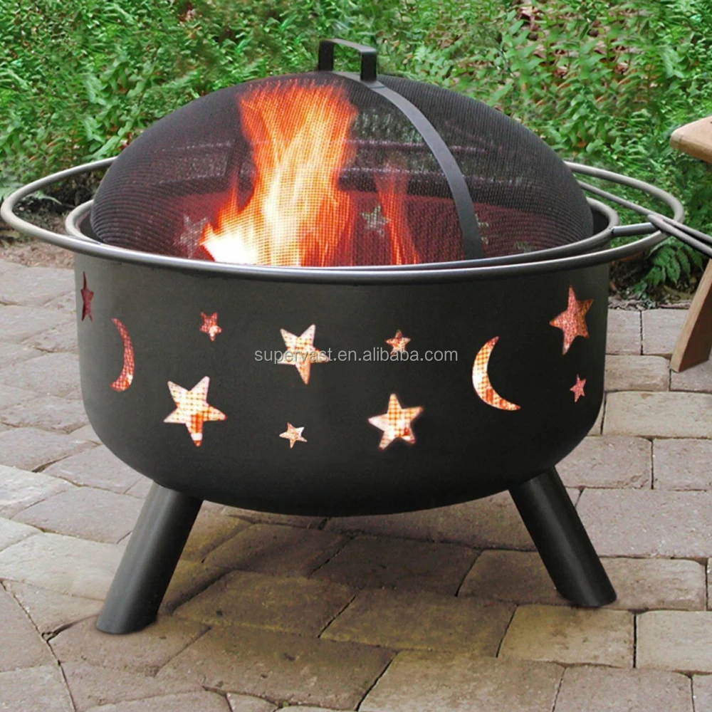 Star And Crescent Pattern Steel Black Round Garden Treasure Fire