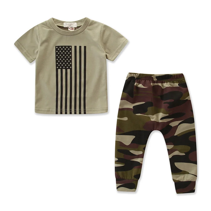 

2 pieces Kid Clothing Short Sleeve Print T-shirt Top and Camouflage Pants Set for Toddler Baby Boys Little Boy Clothes Sets, As pictures