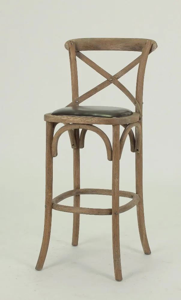 
Rustic OAk x back Wooden bar stool with PU seat 