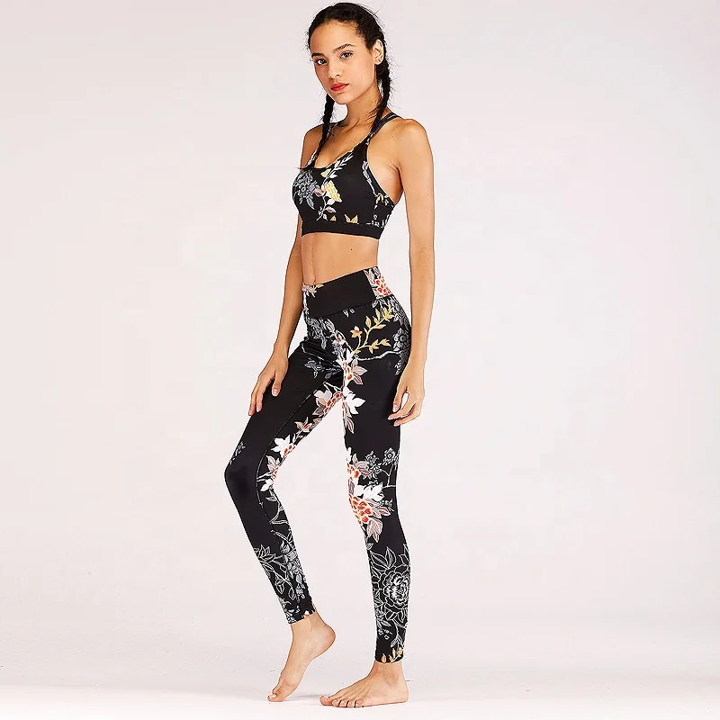 

OEM Custom Women 2 Piece Outfit Floral Printing Back Strapped Workout Yoga Set, As pictures