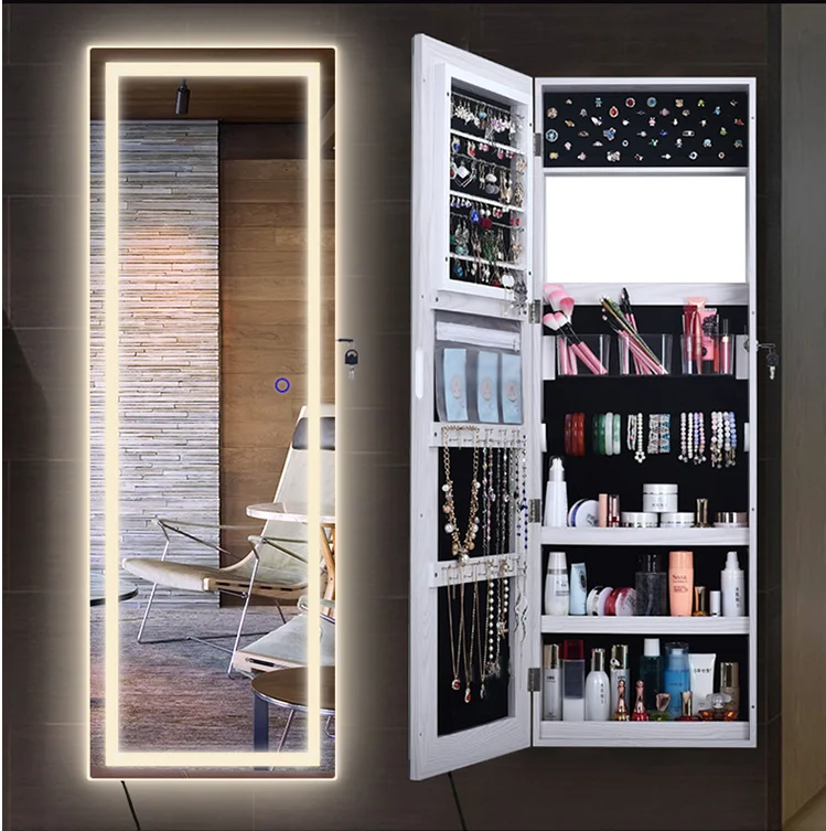 

Jewelry Cabinet Box Wall Mount Lockable Touch Screen Light Built-in Zipper Pocket Inside Full-length Makeup Dressing Mirror led