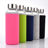 

Leakproof high borosilicate glass water bottle with nylon protective sleeve and stainless steel lid portable