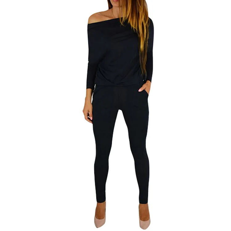 

Wholesale Pure Color Women Outfits 2 Sets Romper Long Slope Shoulder Playsuit Jumpsuit, N/a