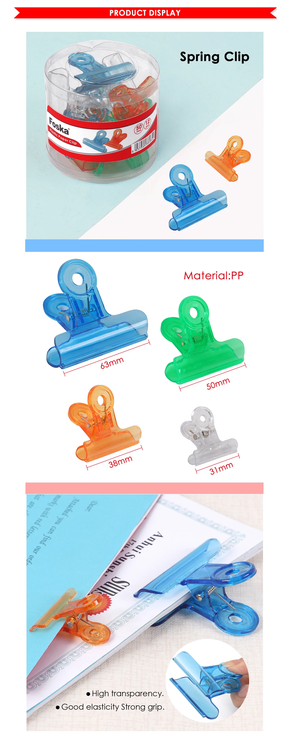Foska Stationery Pp Plastic Transparent Paper Spring Clip Buy Spring