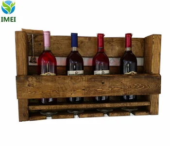 Rustic Reclaimed Wood 6 Bottle Wine Rack 4 Glass Holder Wall Bar