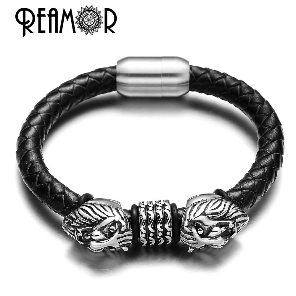 

REAMOR 2019 Men 316l Stainless steel Lion Animal Bead Genuine Leather Bracelet For Magnet Clasp Bangle Jewelry