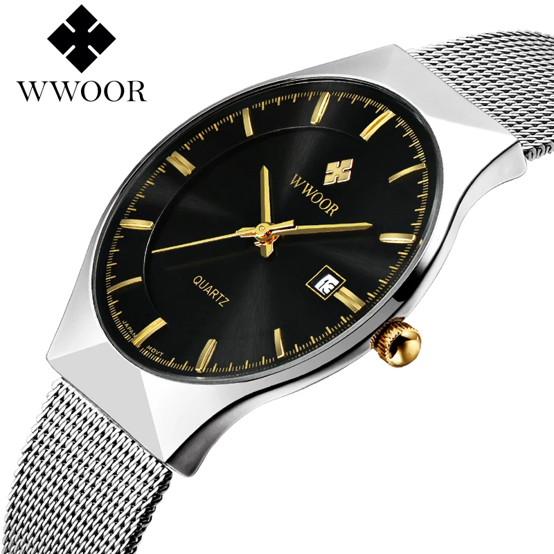

Business Luxury WWOOR Brand Watches Nice Gift Stainless Steel Band Alloy Head Quartz Casual Watches Blue Wrist Ultra Thin Watch, White / blue / black