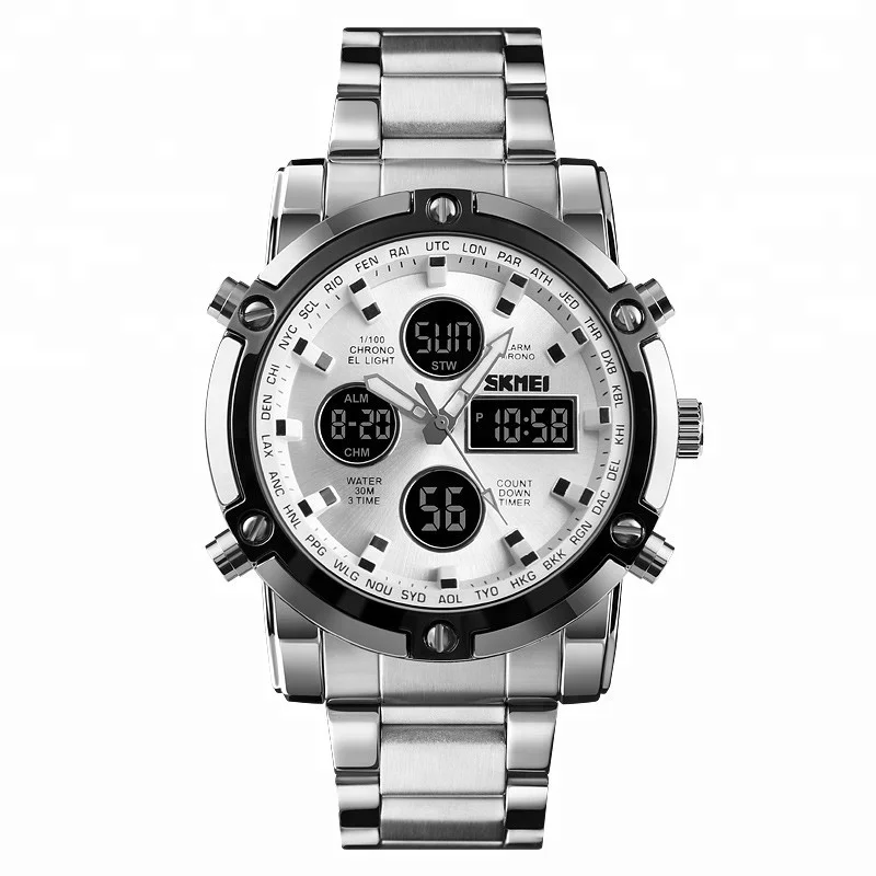 

Latest Design skmei 1389 Original Stainless steel Big Face Watches for Men with 3times function, Silver/silver;silver/blue;silver/black;black/black