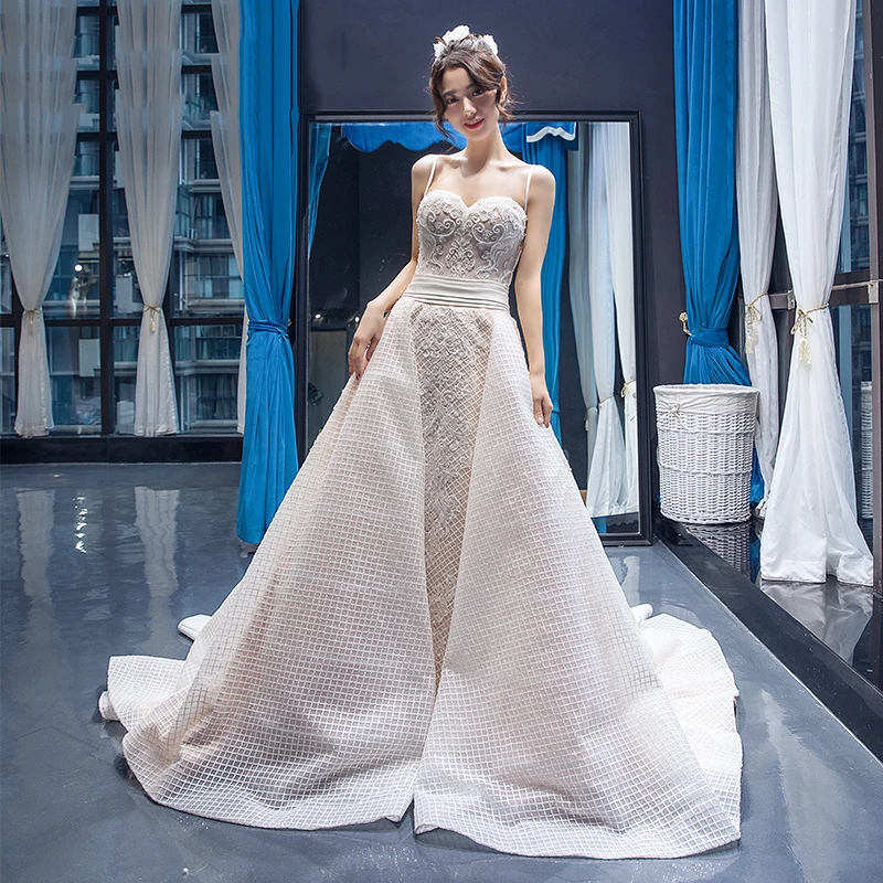 

RSM66693 royal mermaid gowns spaghetti strap white lace sweetheart neck line wedding dress