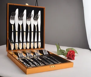 cutlery set 24 pcs emboss gold plated silverware flatware set