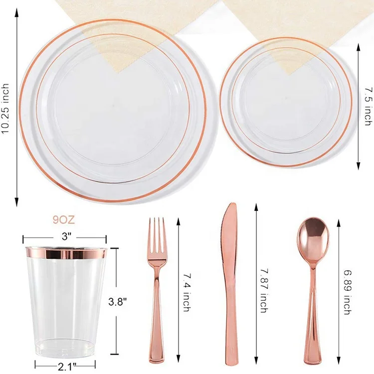 Disposable Tableware Rose Gold Plastic Cutlery Plate And Cup Set Buy