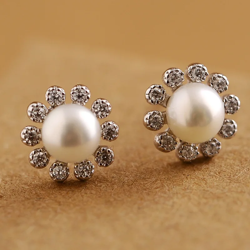 

joyas de plata 925 round freshwater pearl sun flower stud earrings sterling silver 925