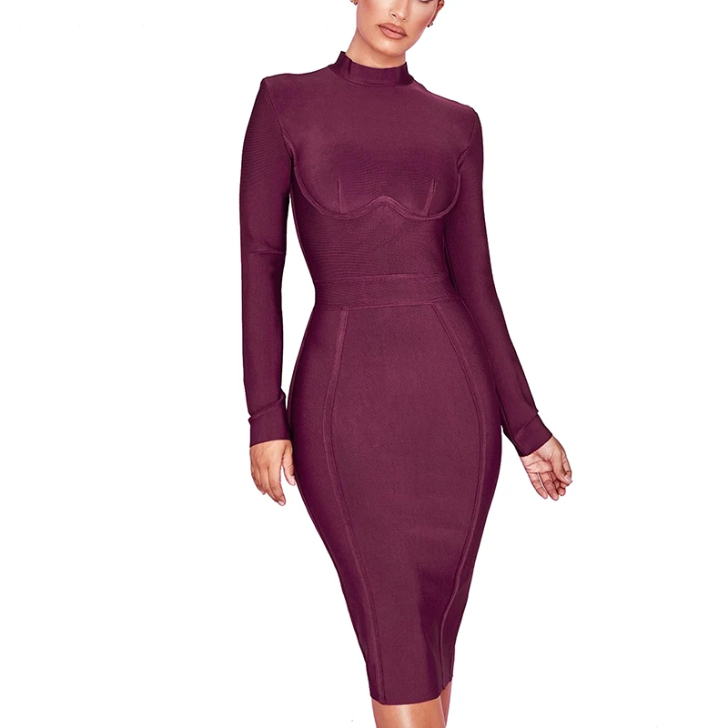 

2018 Winter long sleeve red wine high neck bandage dress sexy party evening dresses