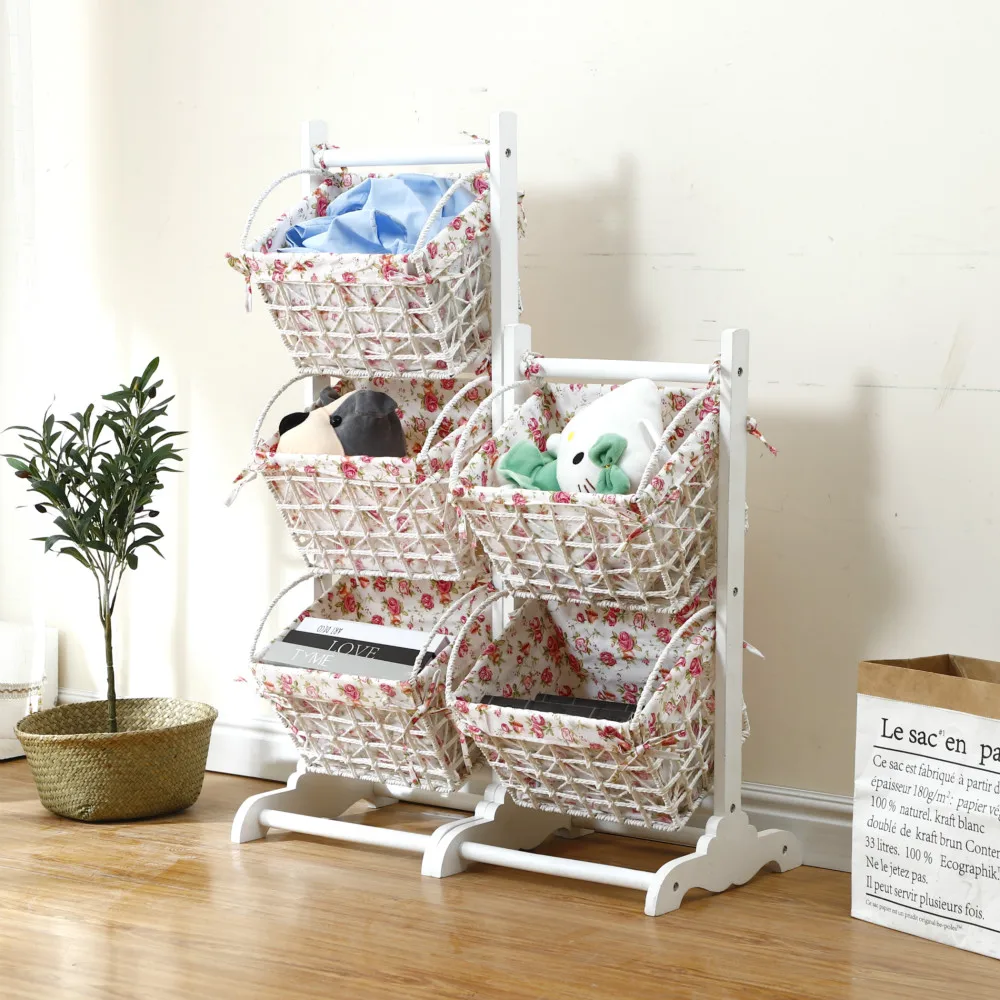 
White Wooden Shelf Stand For Magazine Storage With Hanging Basket 