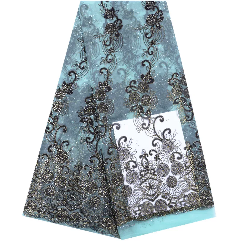 

697 Free Shipping African Wedding Lace Teal Beaded Stones Embroidery Fabric, Cupion