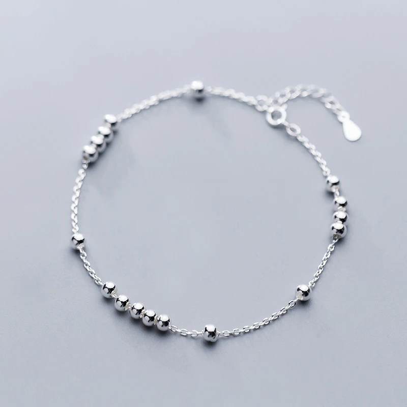 

Sterling Silver 925 Small Round Glossy Beads Beaded Women Anklets Summer Jewelry