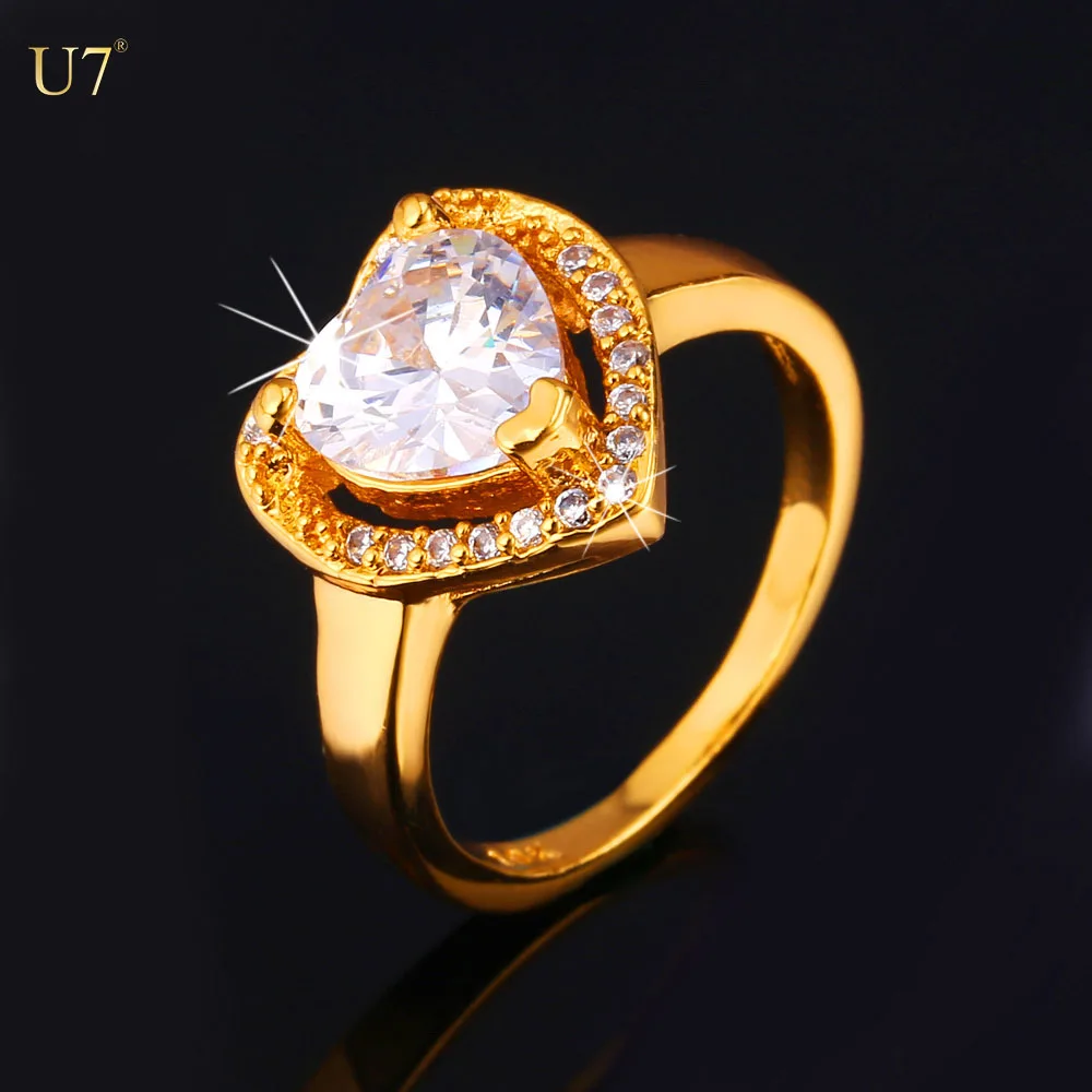 

U7 Engagement Rings For Women Wedding Wholesale 18k Gold Plated AAA Cubic Zirconia Love Heart Ring diamond Wedding Bands