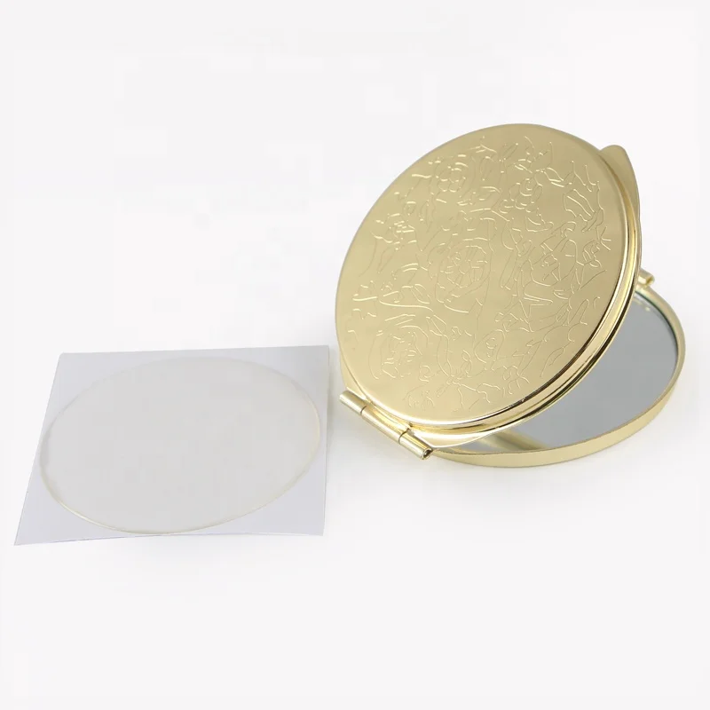 

Gold metal round carved compact mirror with epoxy sticker for DIY, Gold/silver