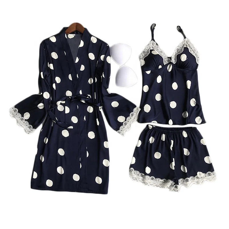 

Womens Lace Satin Robes Sleepwear 2 Pieces Set Polka Dot Pajamas Sleepwear With Push Up Bra Pad