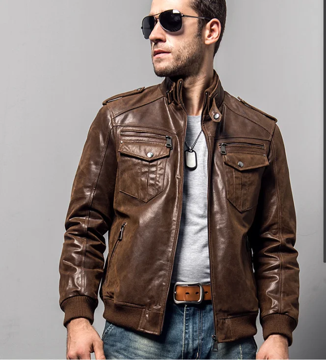 

Fashion Men's biker real leather jacket, Brown