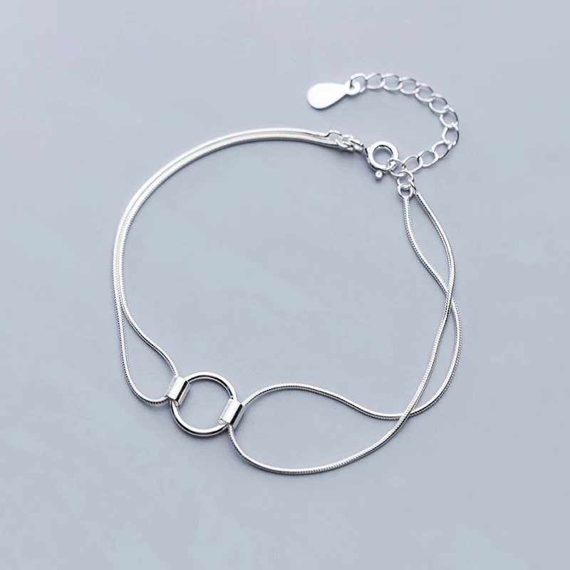 Wholesale 925 Sterling Silver Double Layer Snake Chain Bracelets Middle Circle Round Bracelets Jewelry