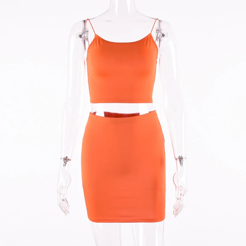 

spaghetti straps sexy camis skirt 2 two piece set 2019 summer women fashion neon green orange solid party streetwear