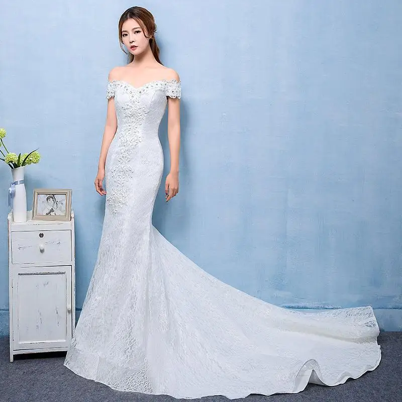 

OEM wholesale New bride single word shoulder trailing lace D209 Korean style simple slim fishtail style wedding dress, White