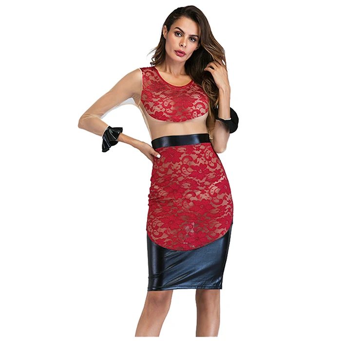

Wonder Beauty Red Women Erotic Transparent Lace Long Sleeve Sexy Dress Night Clubwear, As show