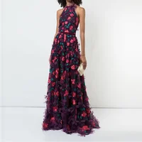 

Fashion clothing women floral embroidery handmade floral off shoulder maxi long dress women lady elegant
