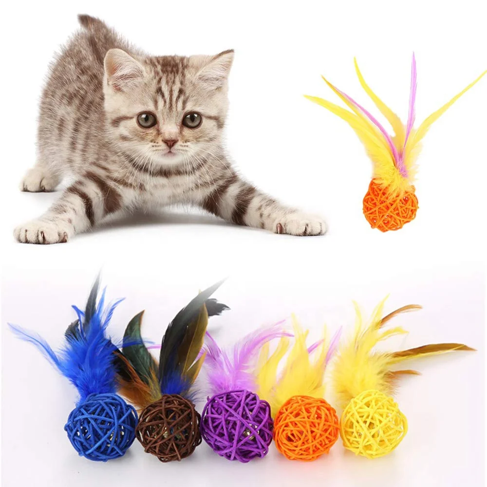 

Cat Catch Chewing Toys, Pet Kitten Kitten Plush Play Toy Colorful Rattan Balls with Feather Ring Bell Playthings Interactive Cha