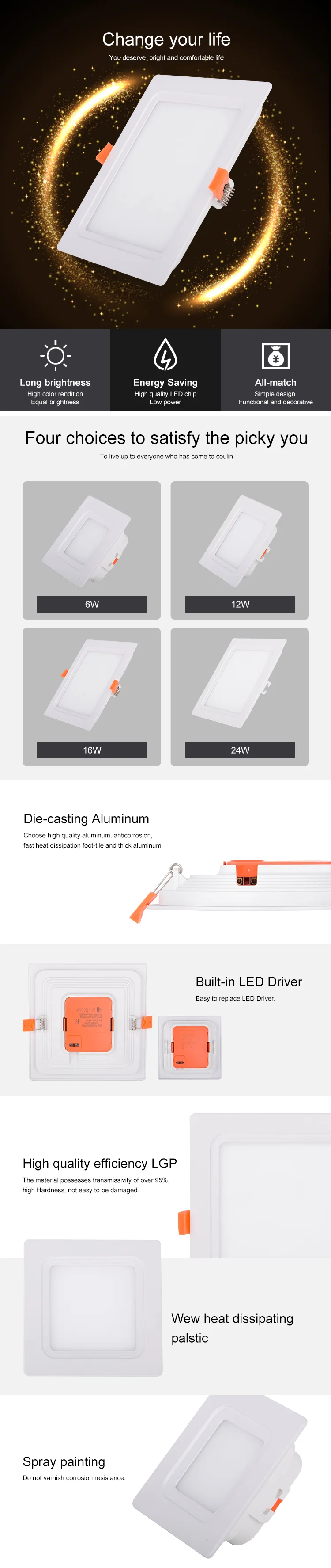 Constant current high efficiencyUltra-slim Integratedrecessed6w 12w 16w 24wLED Panel light
