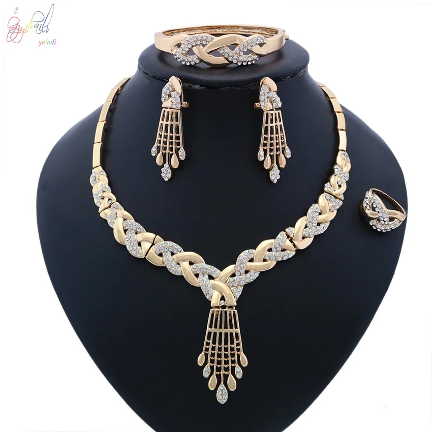 

YULAILI Elegant Gold Plated Necklace Bracelet Earring Ring Jewelry Set To Women