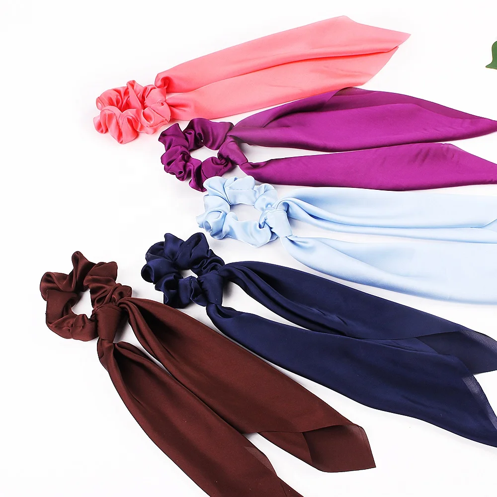 

QIYUE Silk Solid Color Hair Scrunchies with Ribbon Hair Tie Ponytail Hair Decoration