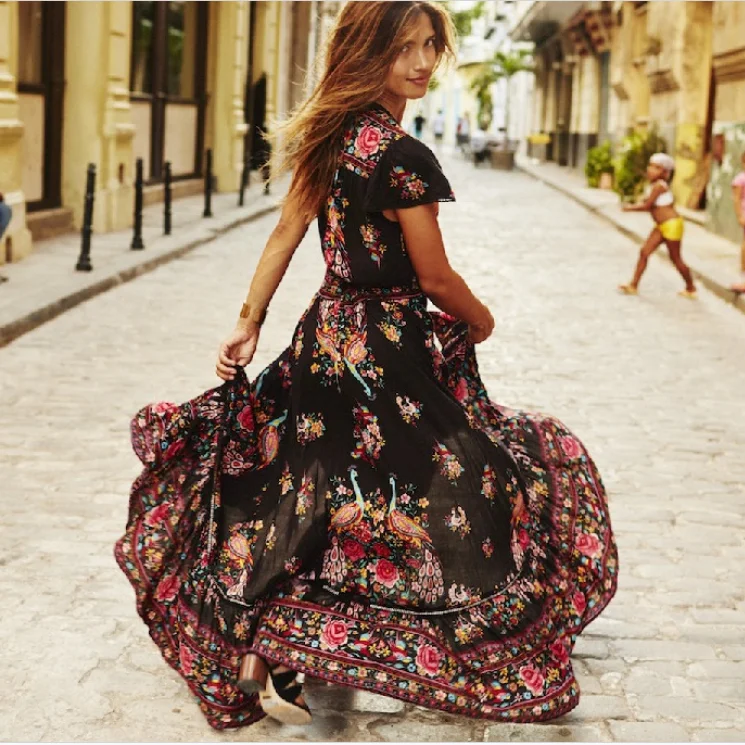 

Women Summer V-Neck Vintage Boho Long Maxi Floral National Chiffon Dress Party Beach Floral Sundress