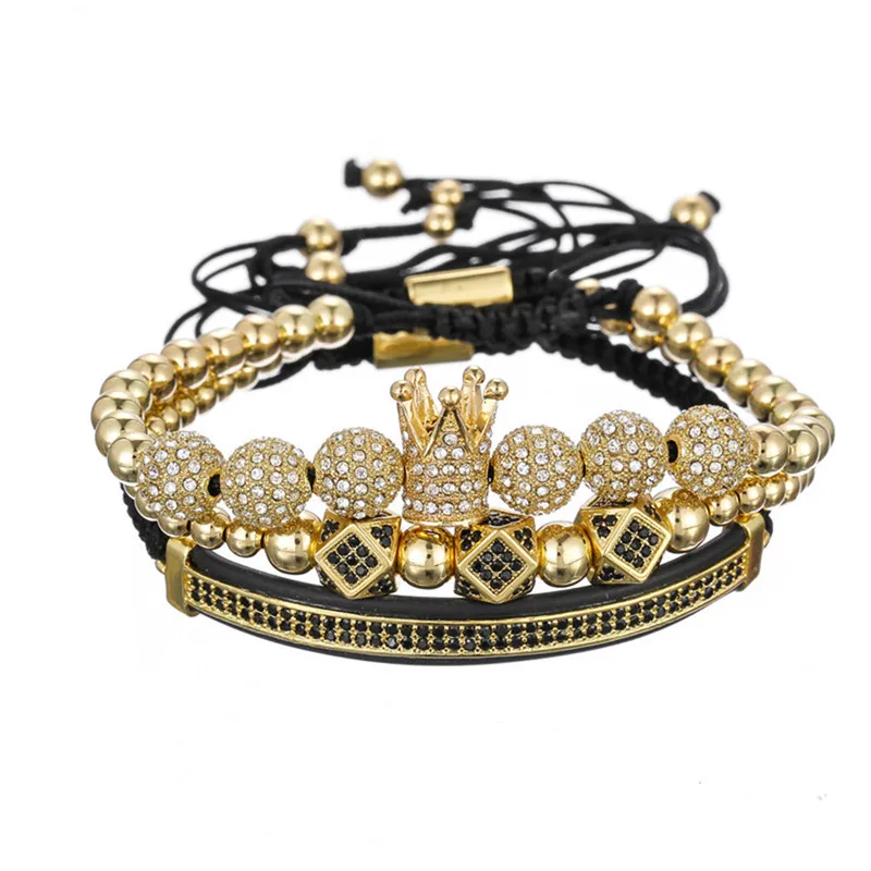 

3pcs/set Luxury CZ Polygon Ball Crown Charm Copper Bead Macrame Handmade Men Bracelets Set, Gold;silver;rose gold;black