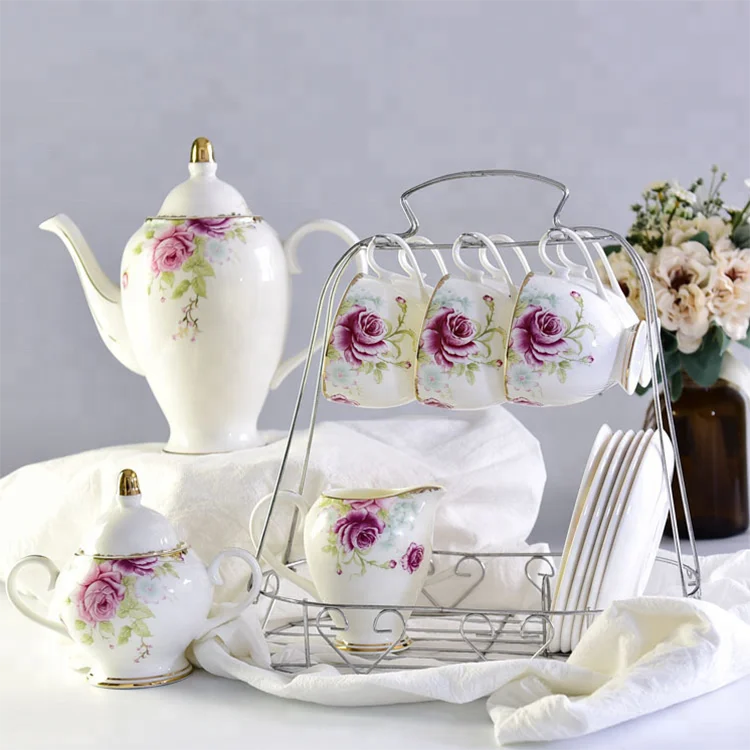 

Wholesale and retail 15 pcs fine bone china ceramic gold flower decal coffee tea set, White;colorful
