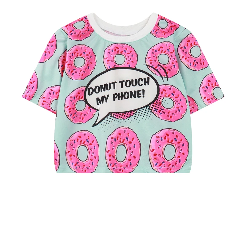 

New arrival crop top allover doughnut printed ladies slim fit t shirt