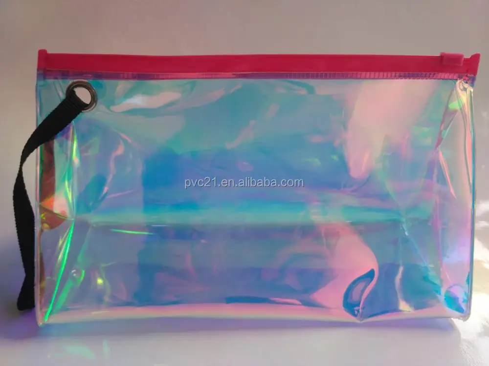 Custom holographic slider cosmetic bag for travel  pvc makeup bag